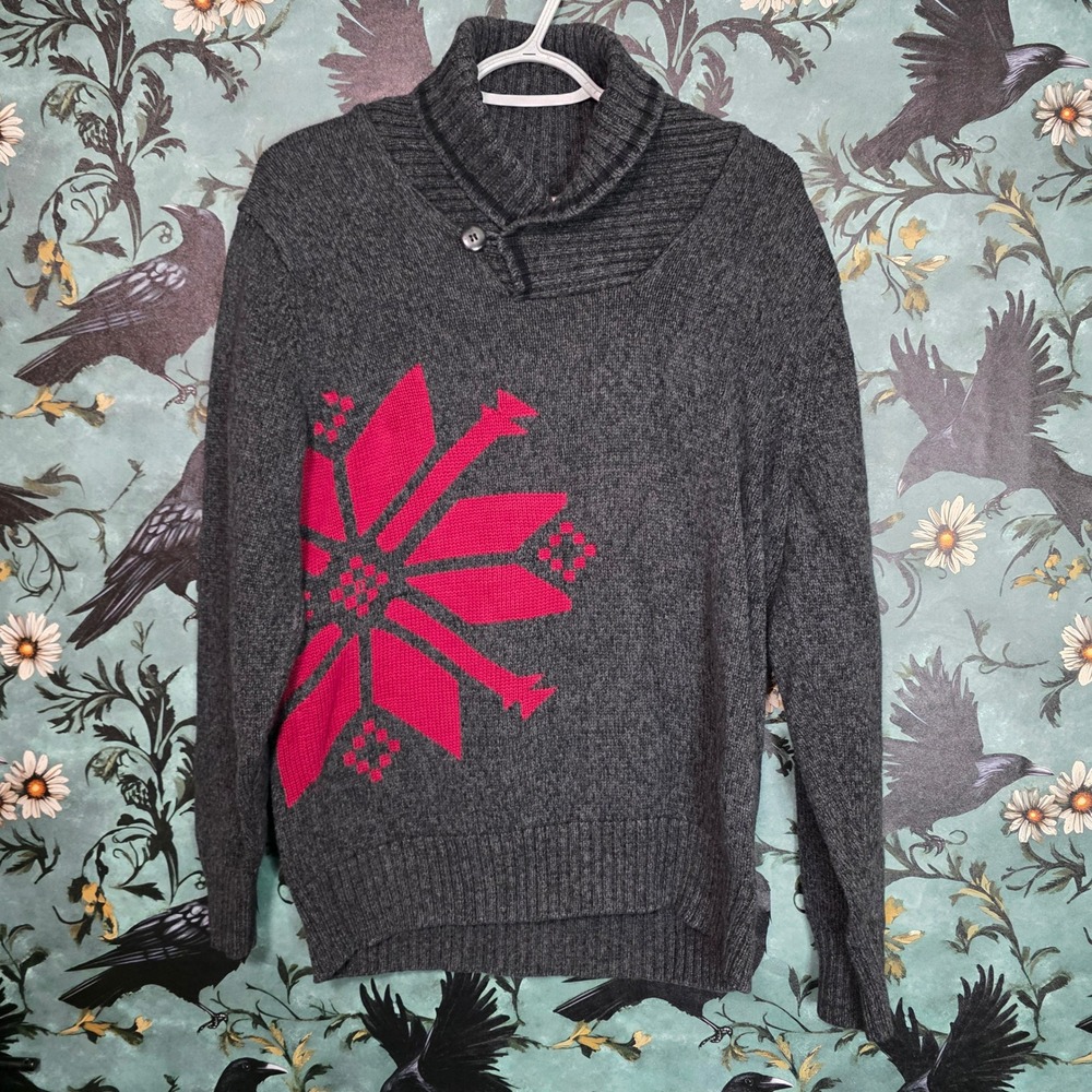Eddie Bauer Sweater Gray Red Snowflake Shawl‎ Collar Cotton Knit Nordic Cabin S